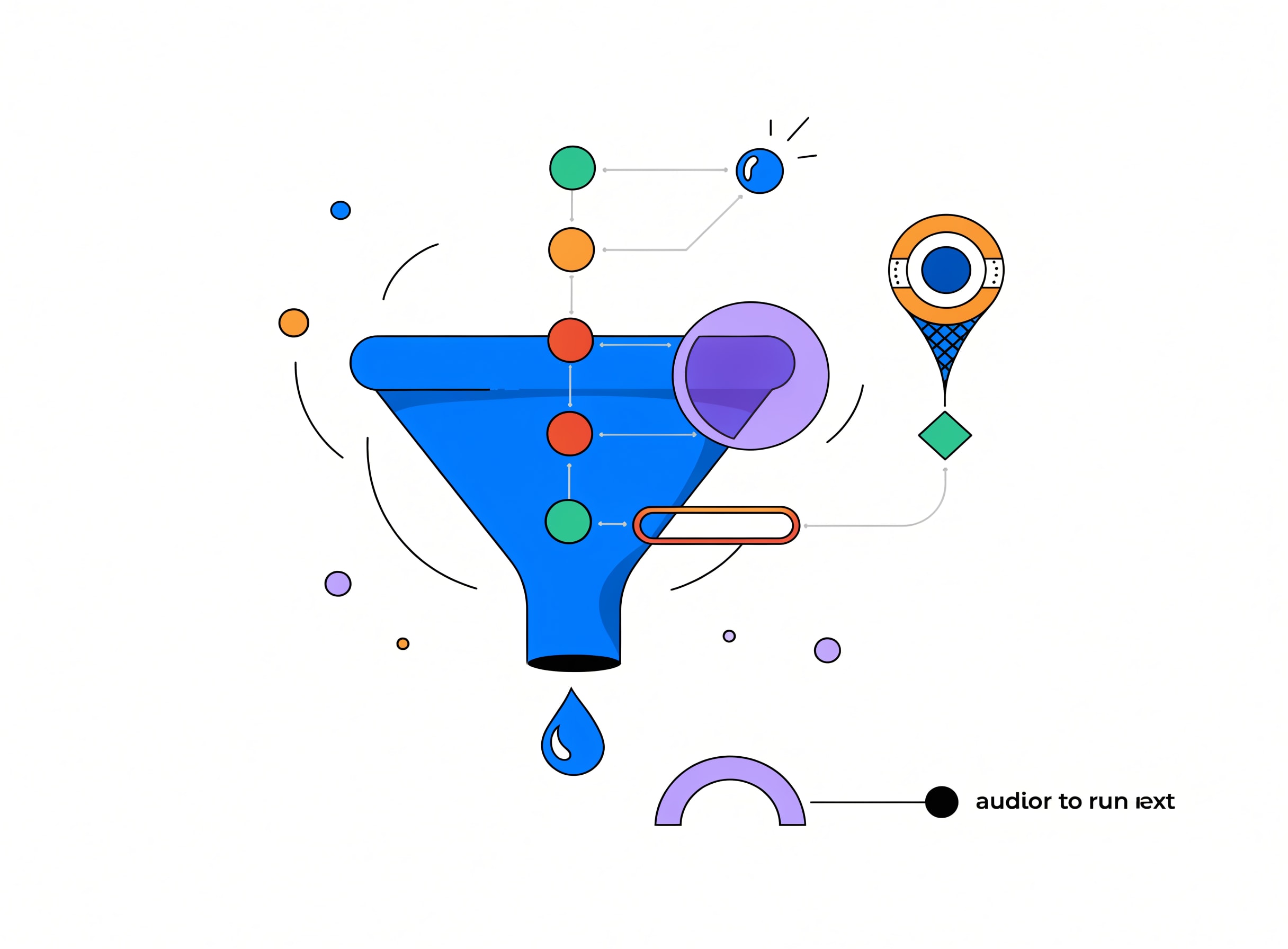 the-leak-finder narrows a four-stage funnel to one flagged red stage with a callout marker and a small next-action arrow to the auditor to run next