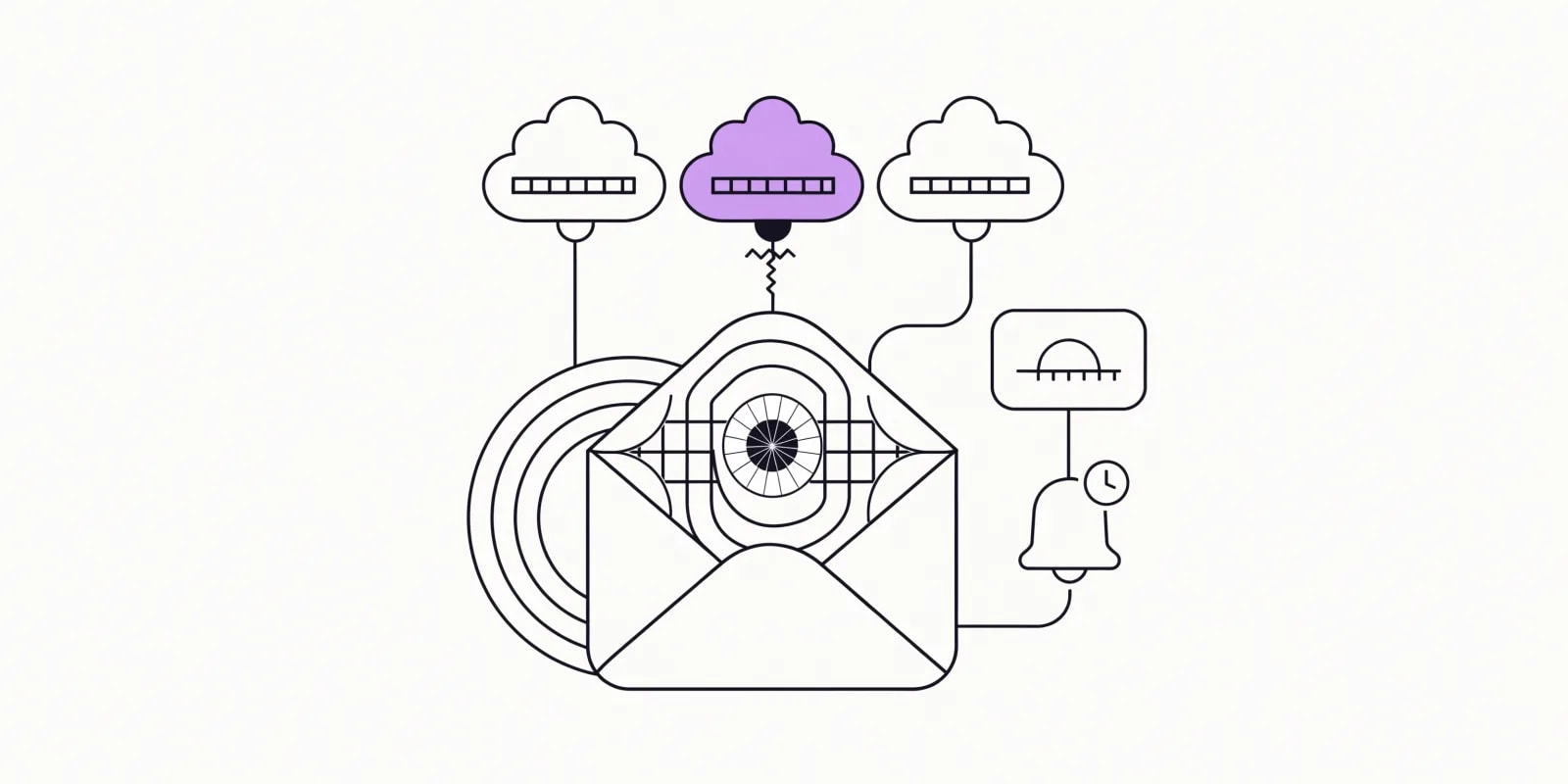 the-campaign-engine pairs an email envelope with three scored subject-line balloons and a personalization merge-tag on the body, plus SMS bubble with character-count and push bell with quiet-hour clock; the winning subject variant highlighted in lavender