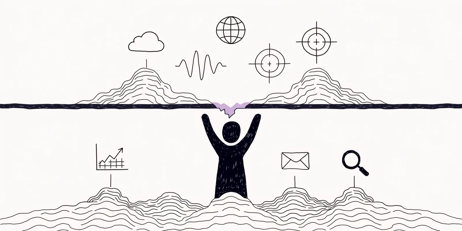 A person silhouette reaching upward and hitting a horizontal ceiling drawn as a thick ink line; below the ceiling small feature icons fit comfortably while larger icons wait above, with a small lavender crack in the ceiling indicating where continuous automation needs push through the free-tier limit