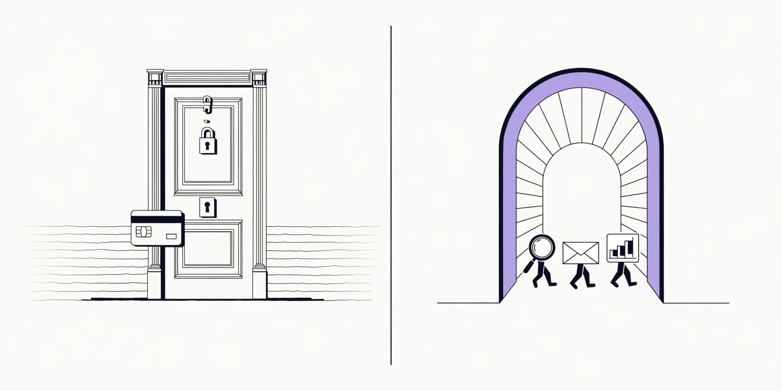 Split diagram: a locked door with a padlock and credit card icon on the left representing trial-with-card, and an open lavender gateway with small tool icons walking through (magnifying glass, envelope, chart) on the right representing truly free tools