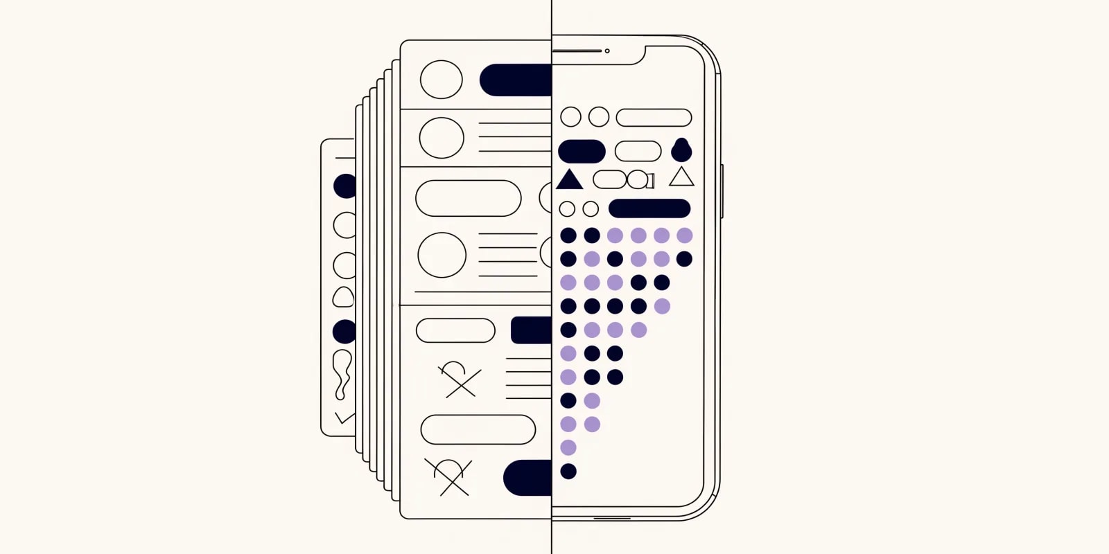 Split diagram: a stack of paper concept-deck sheets with generic mockup shapes on the left (some crossed out as unshipped), and on the right a mobile phone device frame containing an actual shipped AI product interface in lavender with live chart shapes, buttons, and activity dots