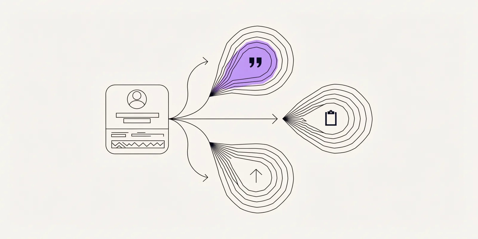 the LinkedIn personalization brief branches three opener-angle balloons from a profile silhouette - a specific-post quote-mark, a career-change upward-arrow, and a project-clipboard - with the strongest angle highlighted in lavender