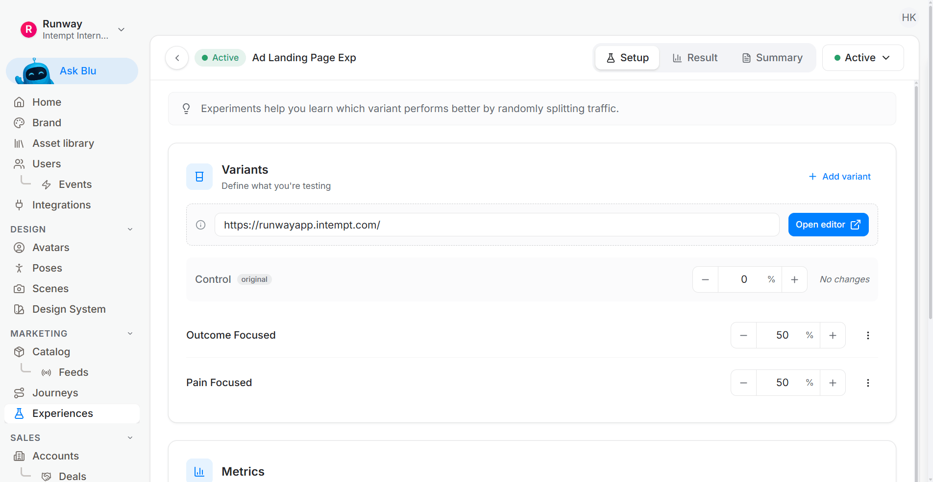 Create A/B test experience