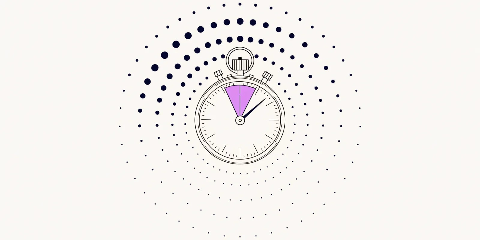 A stopwatch dial with a small pie-slice window highlighted at the top representing the 24-48 hour actionable window, and signal dots decaying in size as they rotate away from the window