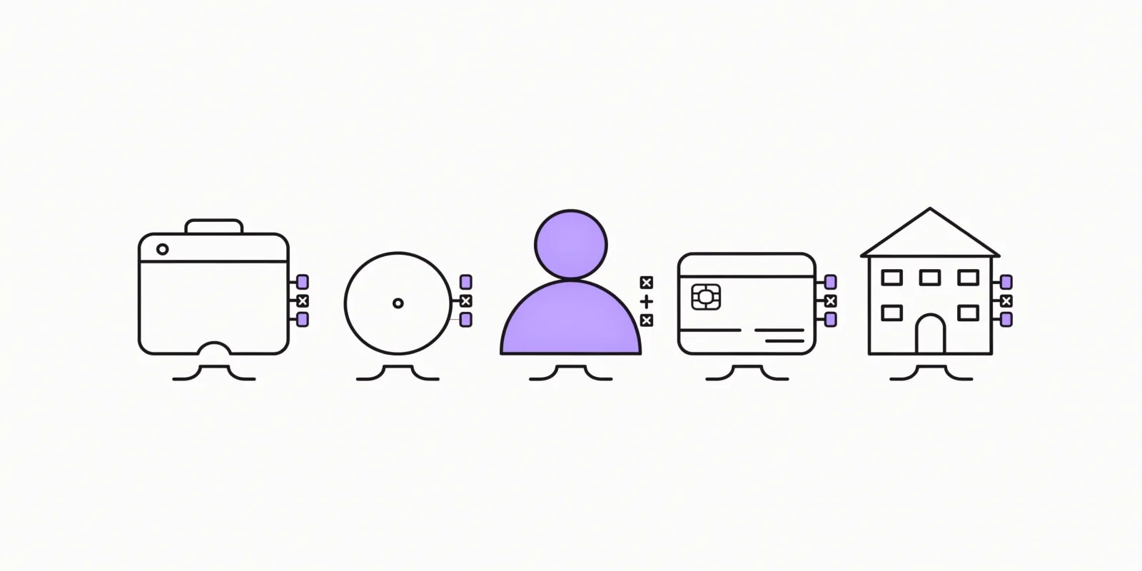 Five building-block shapes arranged in a row representing data primitives: a browser window (session), an event dot with timestamp (event), a person silhouette (MAU), a credit card (subscription), and a company building (account); one block highlighted in lavender