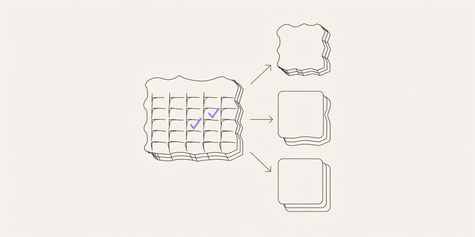 the-call-booker highlights three time slots on a calendar with one marked with a lavender checkmark, connected to a stack of four message-note cards representing the booking, reschedule, confirmation, and reminder