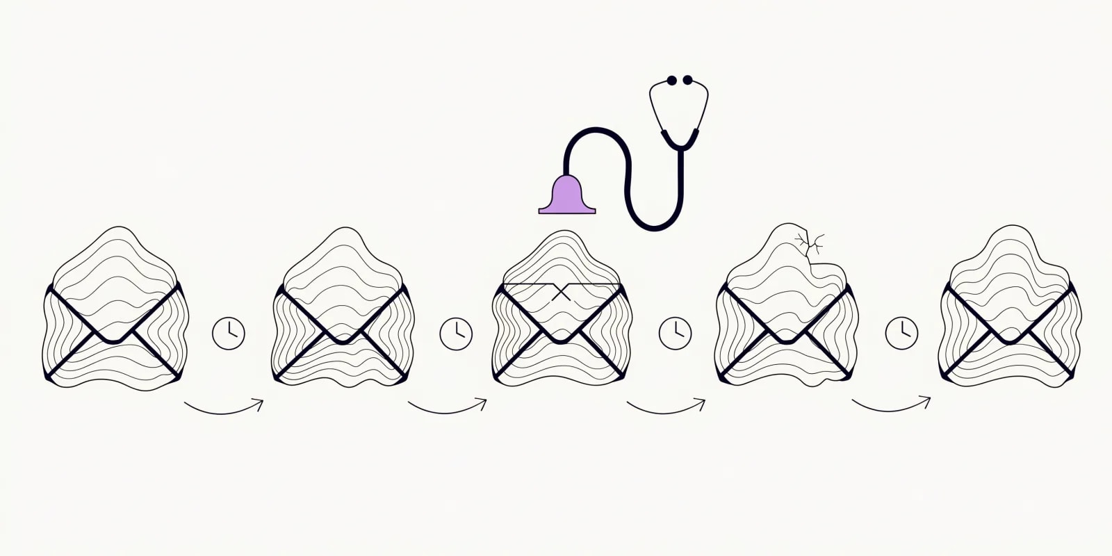the-sequence-doctor hovers a stethoscope over a horizontal sequence of five email envelopes connected by delay clocks, with the weakest envelopes marked and one highlighted