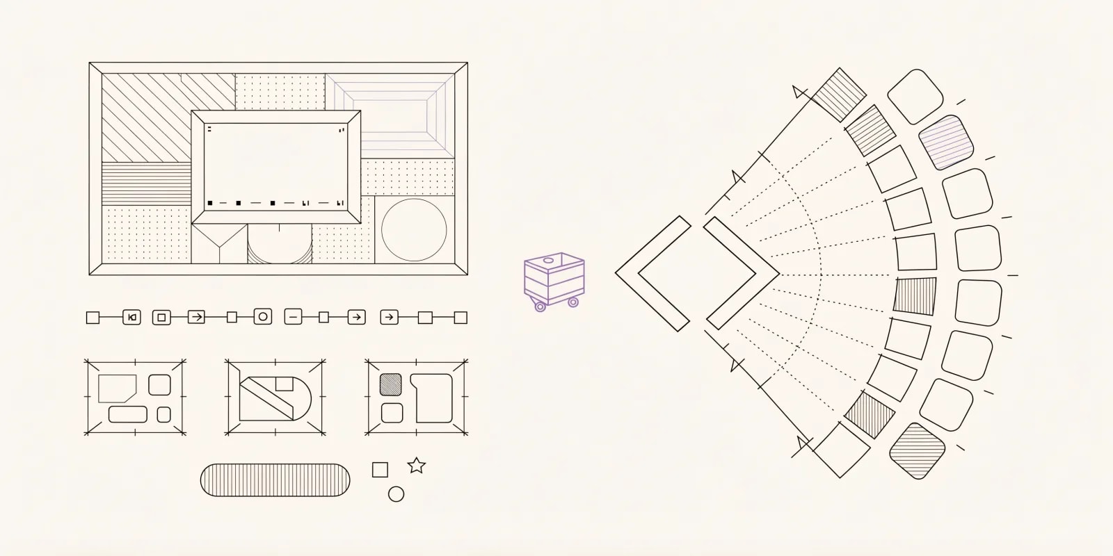 the-page-shipper generates a landing-page wireframe with hero, proof-strip, feature blocks, and CTA, next to HTML tag brackets and Tailwind class swatches, with a lavender shipping-crate icon on wheels between them for quick delivery