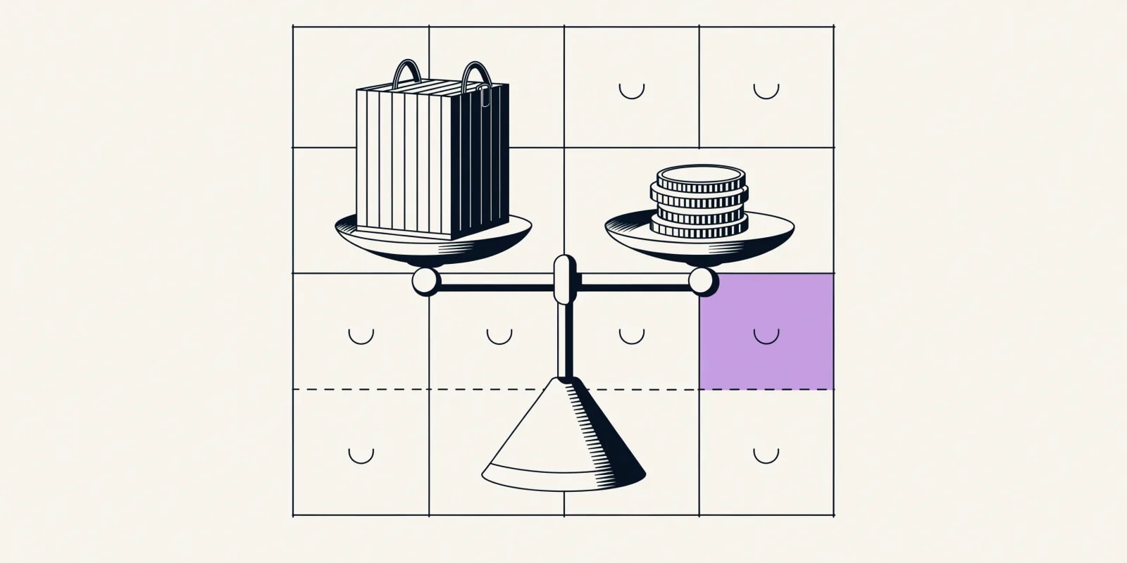 the-shipping-margin-check weighs a shipping crate against coins on a scale, over a grid banded by order-value and zone with one leaking cell highlighted in lavender and a dashed free-shipping threshold line