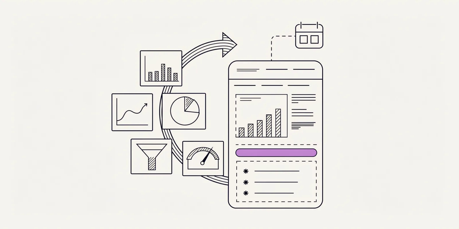 the-weekly-readout converges five scattered dashboard tiles (bar chart, line graph, pie, funnel, gauge) into one weekly readout page with three action bullets and a lavender summary bar, plus a Monday-cadence calendar marker