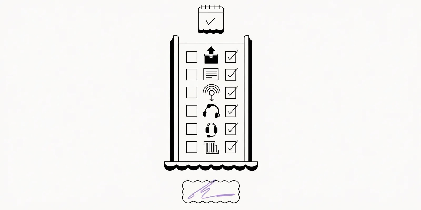 the-launch-gate clipboard with six ticked checklist rows (stock, page, tracking, lifecycle flow, support, margin) and a signature block at the bottom marked with a lavender pen-line for owner sign-off