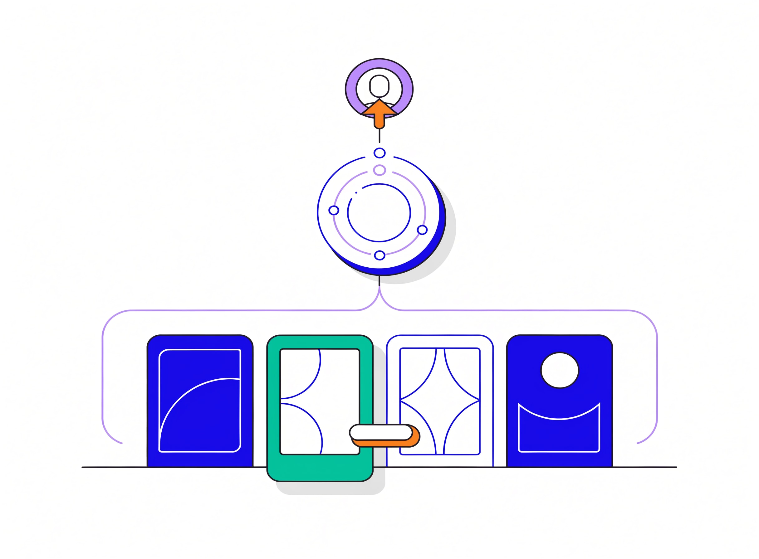 the-enablement-kit shows a rep request pointing at a shelf of four collateral cards - one-pager, ROI calculator, proposal template, playbook - with one card lifted forward and a stage-mapping tag hovering above