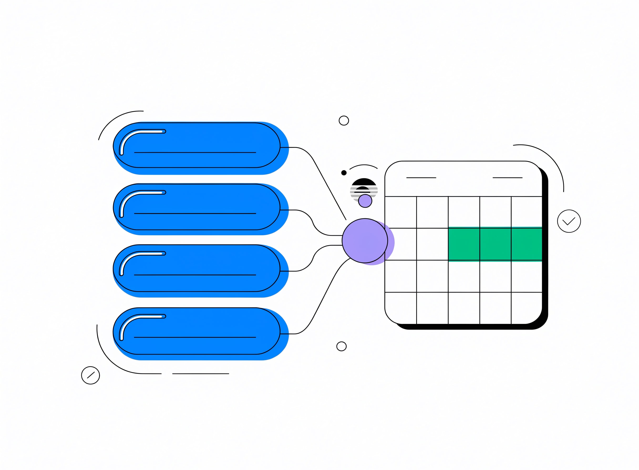 the-call-booker shows a shortening thread of four message bubbles flowing into a calendar card with one time slot highlighted green and a confirmation ping between them