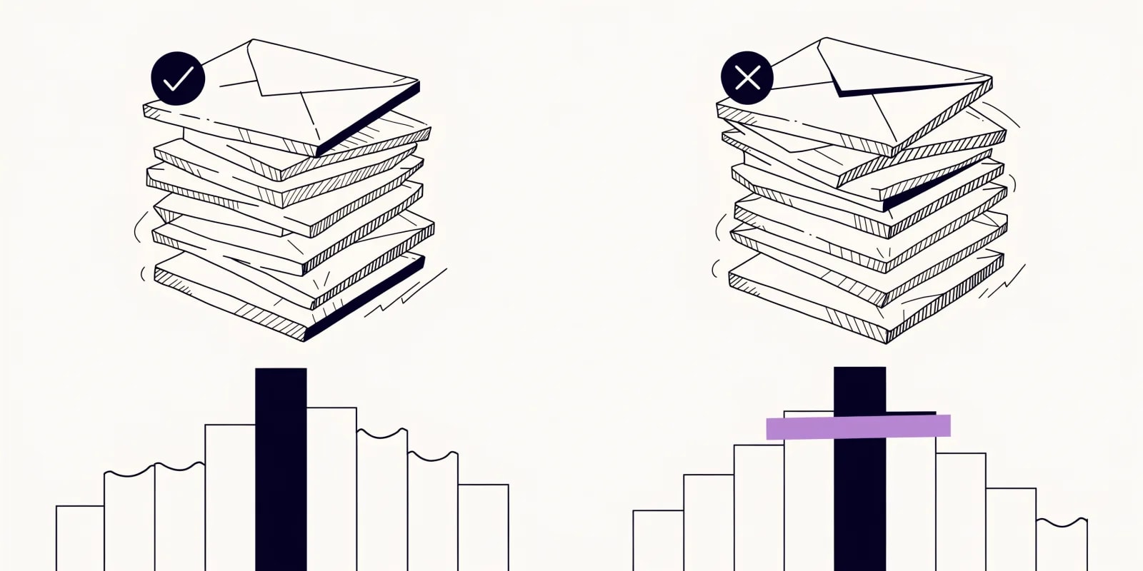 the-win-loss-analyzer stacks closed-won envelopes with checkmarks on the left against closed-lost envelopes with Xs on the right, each with a ranked bar chart of reasons and a lavender evidence-quote fragment marking a rep-underreported pattern