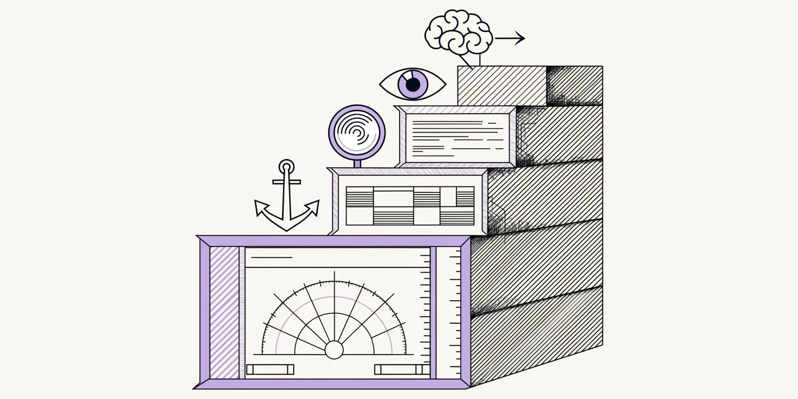 Five ascending stair-steps from left to right, each representing a free SEO tool: Google Search Console (highlighted in lavender at the base), Ahrefs Webmaster, Semrush free, Otterly, and LLMrefs at the top, each labeled by icon only