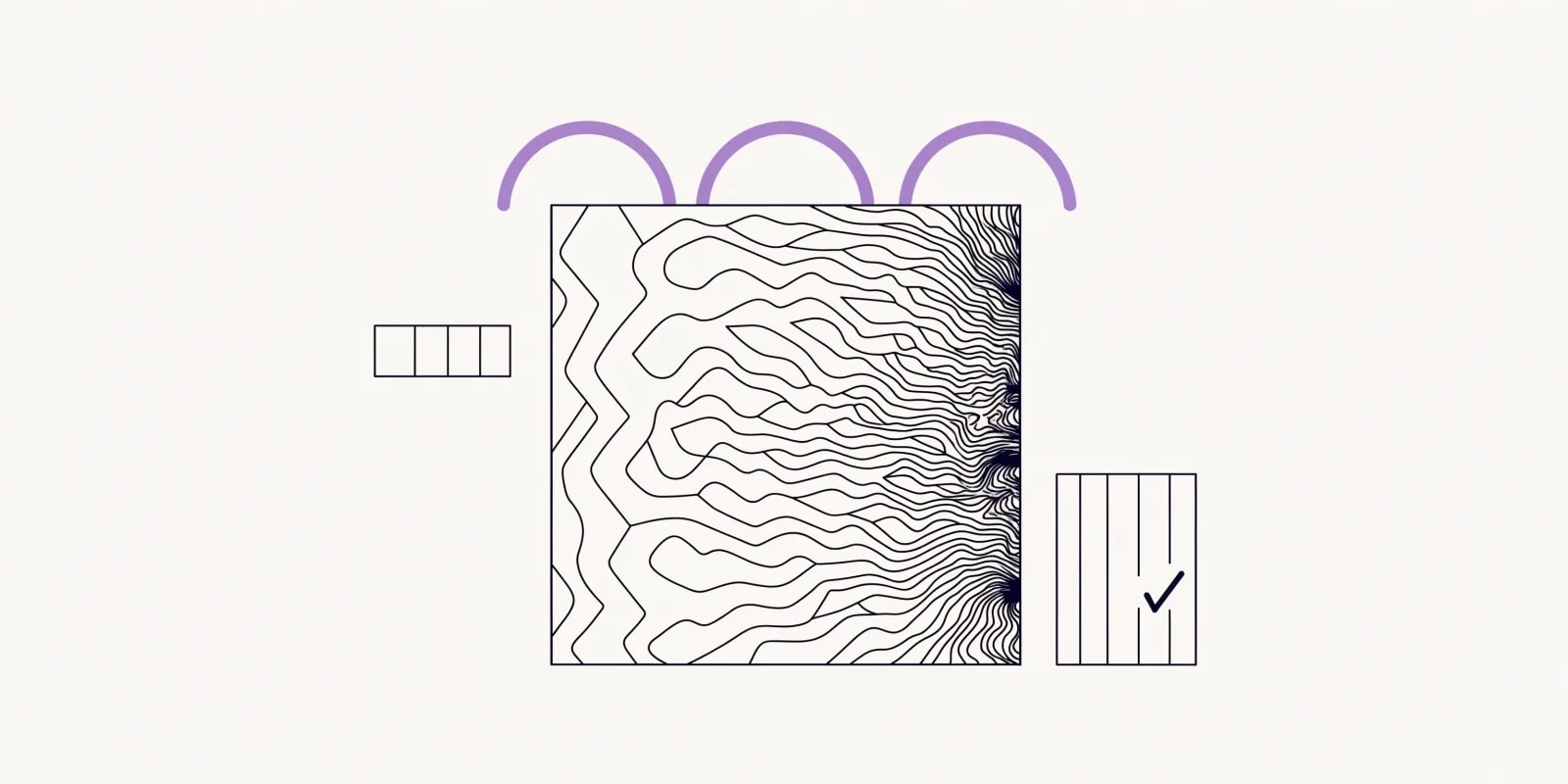 A single web page rendered as a rectangle with text lines inside, being scored by a small graders panel with vertical marks and a checkmark on the right, and three arcs radiating outward in lavender indicating the audit sweep