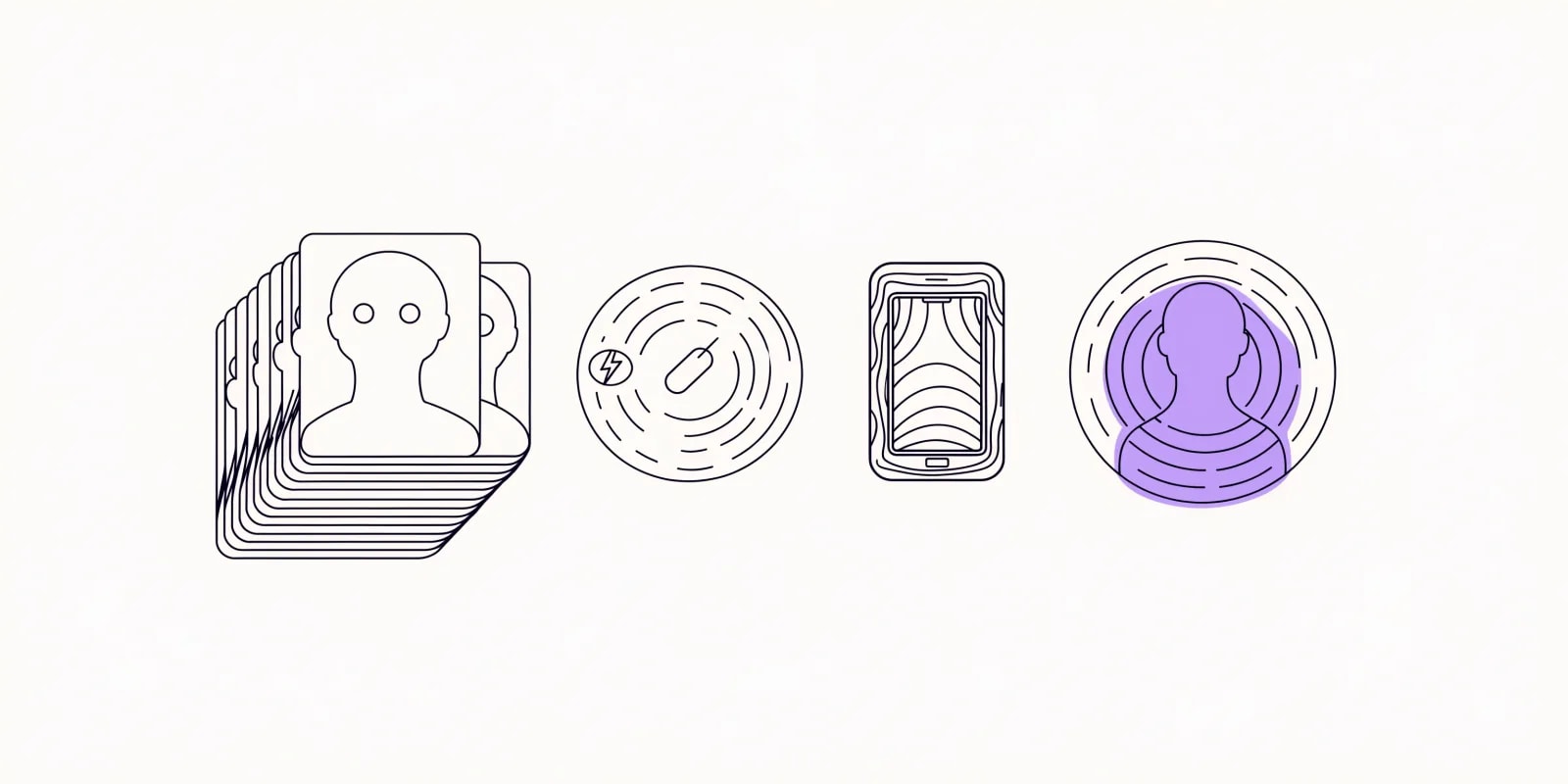 Four distinct object shapes arranged in a row: a stack of contact-list cards, an event dot with a lightning bolt and timestamp, a mobile phone (device token), and a person silhouette inside a circle (customer profile in lavender)