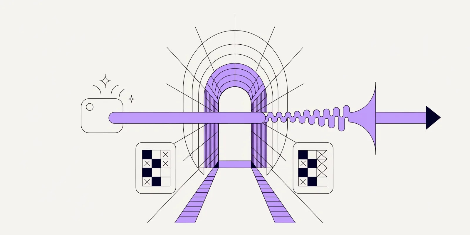 A checkpoint gate in lavender at the center: a portal-frame arch with a horizontal scanner beam; a generated content document with sparkle marks approaches from the left, and ledgers on both sides show generic category checkboxes some ticked and some crossed out, with the approved content continuing to a publish arrow on the right