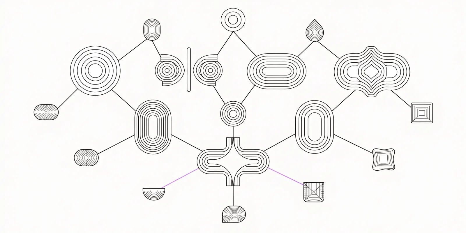 A network diagram showing nine small tool-tile icons each connected via a thin line to a parent-company node above; eight parent nodes total, with one parent having two tool-tile children whose connection lines are drawn in lavender to indicate the same-owner grouping