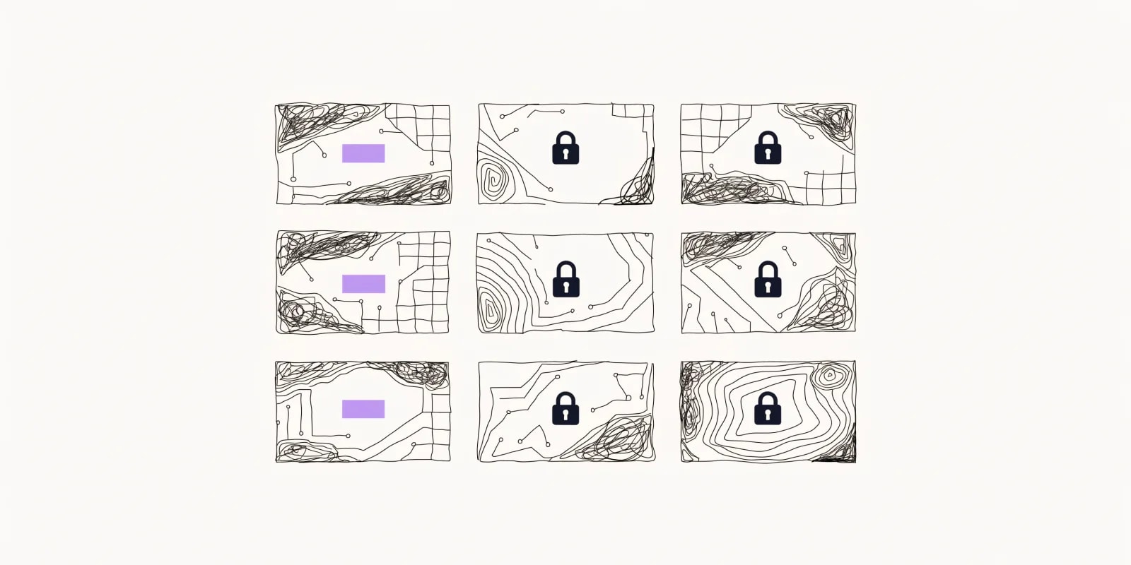 A 3x3 grid of nine pricing-tag placeholders: three tags show visible numeric block placeholders in lavender indicating published prices, and six tags are covered by small padlock icons indicating no published price
