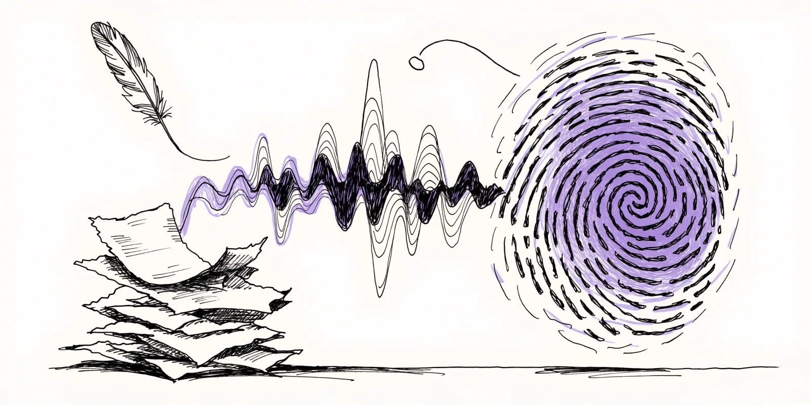 A speech waveform rising from a stack of drafts and resolving into a lavender fingerprint on the right - voice extracted as a signature