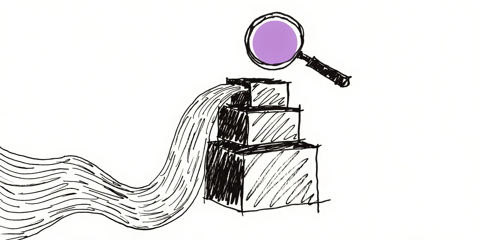 A stream of raw spreadsheet rows flowing into a stacked CM1/CM2/CM3 margin chart with a lavender magnifying glass hovering over the top layer