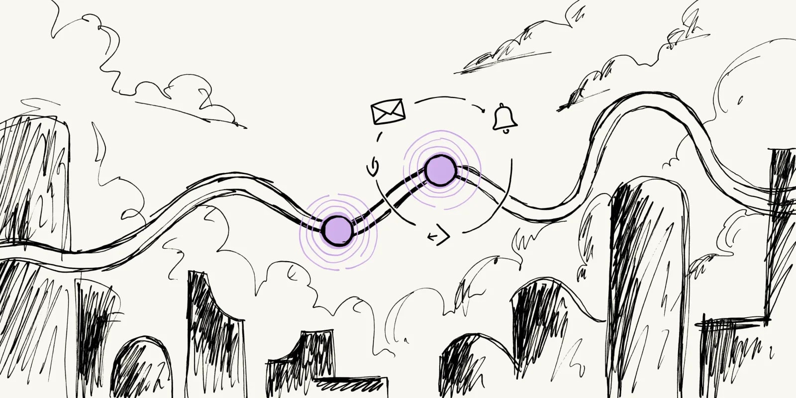 A winding customer-journey road with lavender waypoint nodes, an envelope and bell orbiting the mid-lifecycle stage