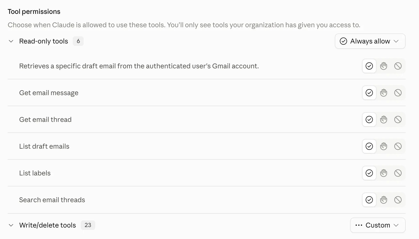 Claude tool permissions for Gmail: six read-only tools set to Always allow, twenty-three write and delete tools set to Custom