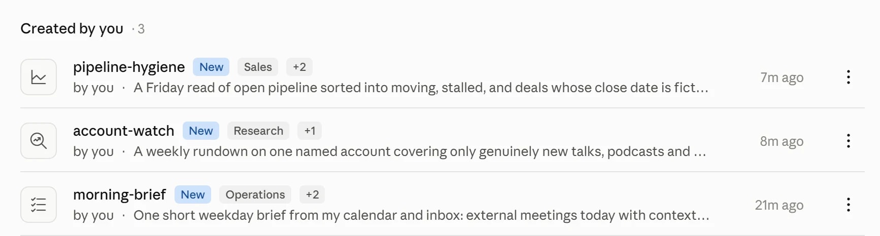Skills created in Claude: pipeline hygiene, account watch and morning brief, each with its own category and description