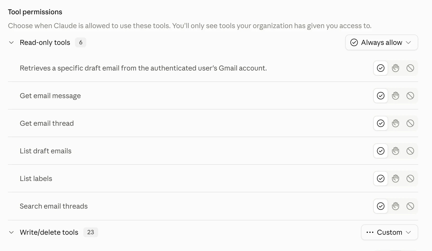 Gmail tool permissions in Claude: six read-only tools set to Always allow, twenty-three write and delete tools set to Custom