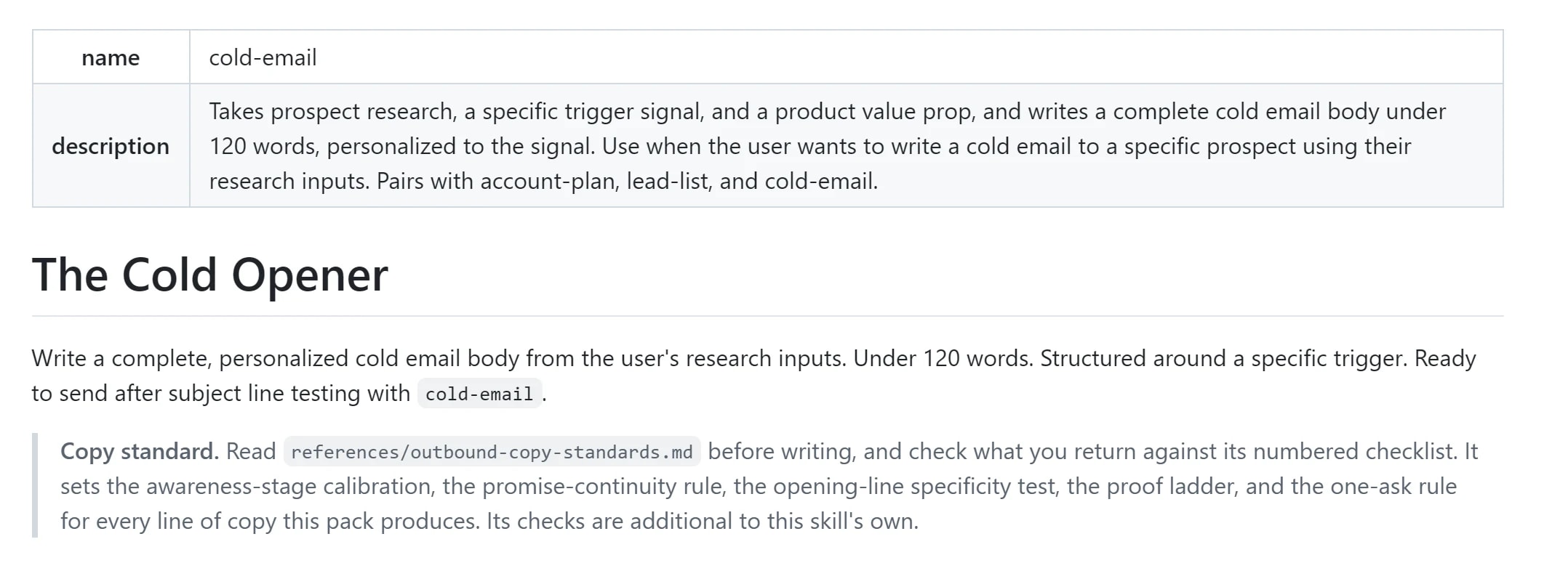 A SKILL.md file: YAML frontmatter with a name and description, then plain markdown instructions